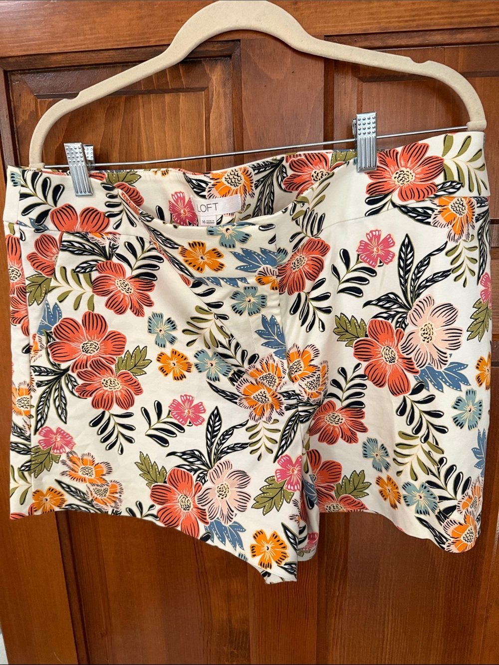LOFT Cream Floral Cotton-Blend Bermuda Shorts with Coral & Blue Flowers